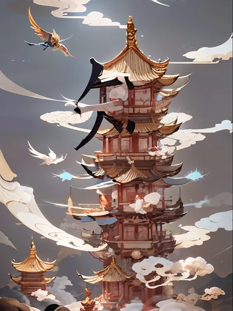 there is a bird sitting on a table in the sky, chinese surrealism, chinese fantasy, feiyun castle, lying on the throne in a fant...