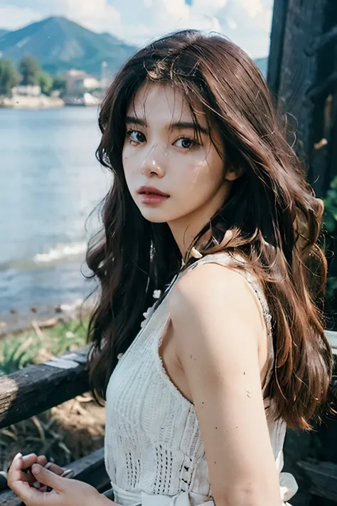 Masterpiece, best quality, silky smooth skin, depth of field, close to the face, detailed eyes and face, 1 girl, big adorable eyes, serene expression, mesmerizing eyes, long straight hair, flowing dress, poised posture, porcelain skin, subtle blush, BREAK ...