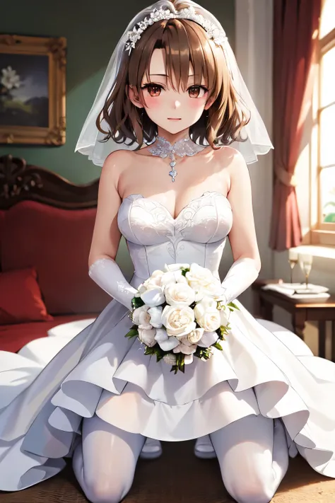 masterpiece, Highest quality, High resolution, One girl, alone, short hair, Brown Hair, Brown eyes, chest, Bedroom、Kneeling、((Wedding dress))、((White Pantyhose))、(Long gloves)