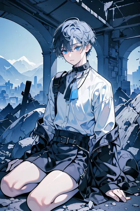 ((A ruined city full of rubble)),(After the war),((Vast landscape covered with rubble)),(A boy wearing a white shirt),((black hair)),(Lifeless eyes),((sit down，Place your knees on the ground on both sides)),((Look up at me)),(Mouth sLightly open),((blue ey...