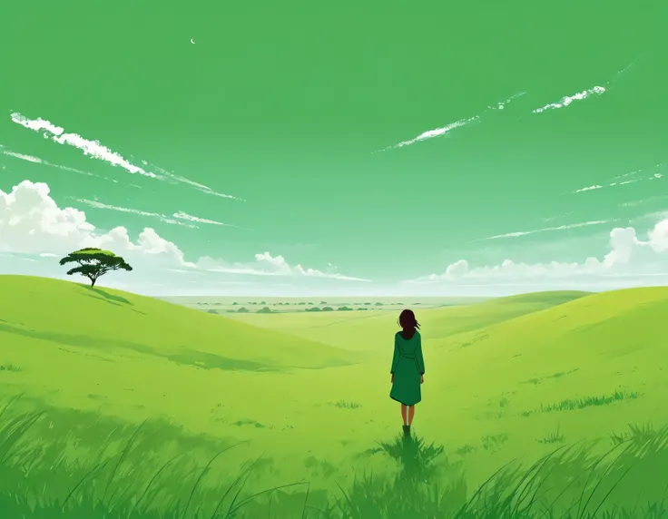 Minimalist Journey,solitary, green grassland,1 girl looking up at the sky, Minimalism, In the savannah, illustration.