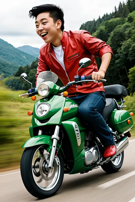 Create an image of a giant and suneo with a contagious smile riding a motorcycle, press red at high speed 