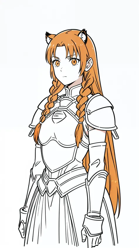 (1girl,20 years old,mature female,solo),tiger ears,long hair,(twin braids),orange hair,white knight armor,(white background,line drawing),upper body,serious,pov,upper body