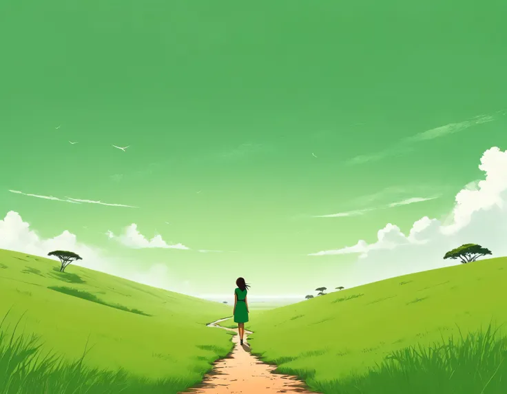 Minimalist Journey,solitary, green grassland,1 girl looking up at the sky, Minimalism, In the savannah, illustration.