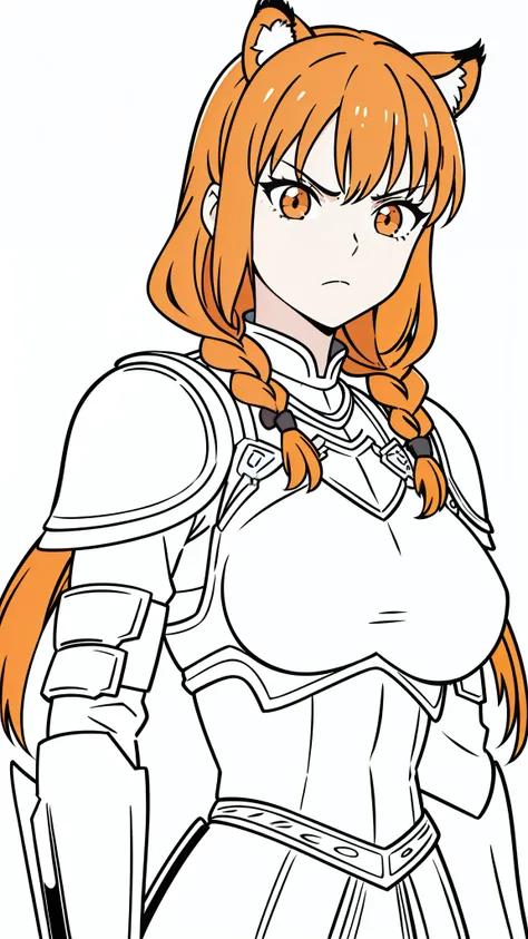 (1girl,20 years old,mature female,solo),tiger ears,long hair,(twin braids),orange hair,white knight armor,(white background,line drawing),upper body,angry,upper body