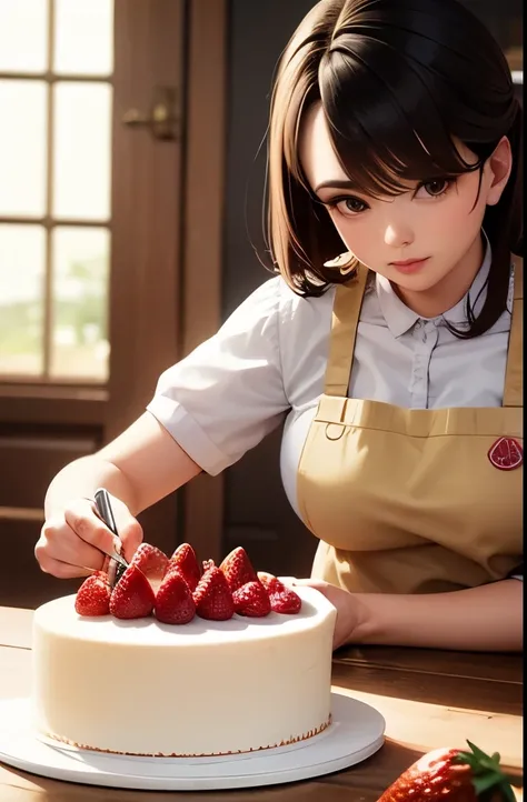 Highest quality, masterpiece, Ultra-high resolution, strawberry，woman making cake