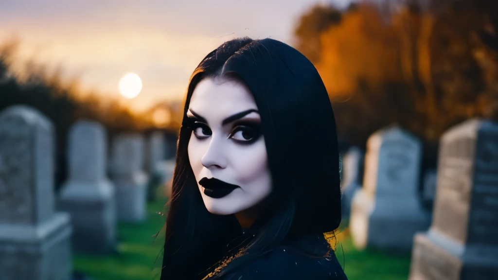 Generate a hyper-realistic image that employs the shallow depth of field technique, Head and sholders portrait to highlight a pretty goth girl wearing a gothic costume, at ((night in a creepy cemitery)) setting, (((under the moonlight))). The girl should b...