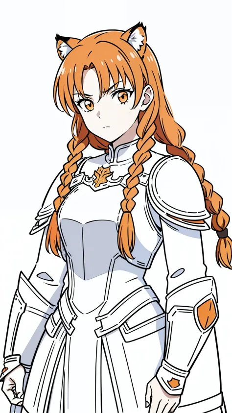 (1girl,20 years old,mature female,solo),tiger ears,long hair,(twin braids),orange hair,white knight armor,(white background,line drawing),upper body,serious,upper body,put your hands in front