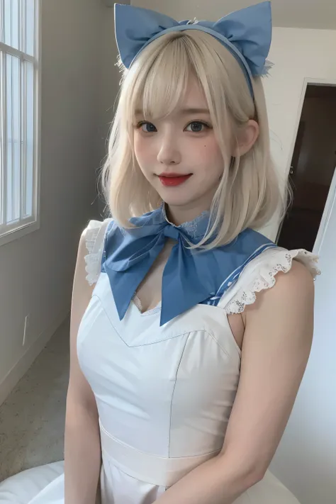 RAW Photos,(8K)、(Highest quality: 1.2)、(Real)、(Real: 1.37)、Ultra-high resolution、 young woman with long wavy platinum blonde hair and bangs、She is wearing a blue and white maid outfit with lace details and bows。She wears a blue headband with cat ears and w...