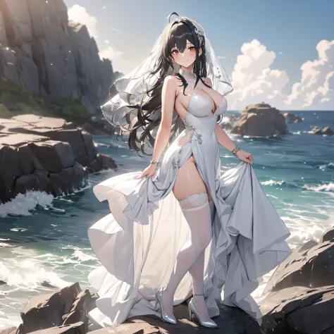 A mature woman, black hair, long hair, wearing a white dress, with exposed thigh, long white stockings, silver details on the dress, wearing a transparent wedding veil, red eyes, silver clip, silver bracelet, white heels, smiling, large breasts , ahoge hai...