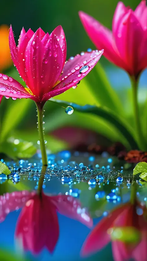 imagine a vivid close-up, unusual flowers, the petals spread out in vibrant colors like a kaleidoscope. dewdrops on the surface ...