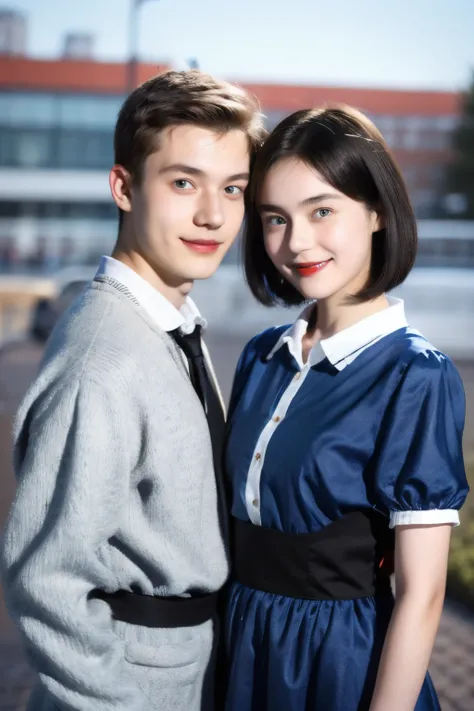 248 (An 18-year-old female and an 18-year-old male), (short hair),kind, lipstick, Finnish national costume, smile