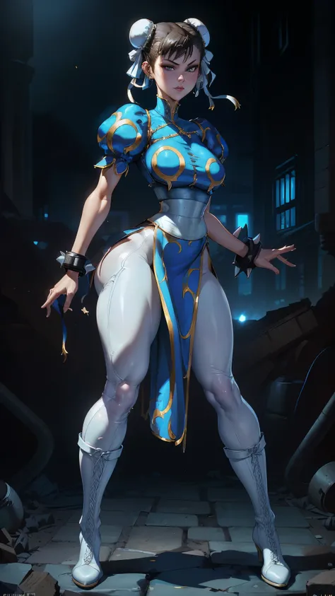 (La Best Quality,A high resolution,Ultra - detailed,actual),Selena Gomez es chun-li,,(Ruined dungeon ruins background cyberpunk :1.4 ), Beautiful young woman in blue dress，smile，(white boots:1.4) ，Exquisite facial features，tie hair, (black leggings:1.4) ，b...