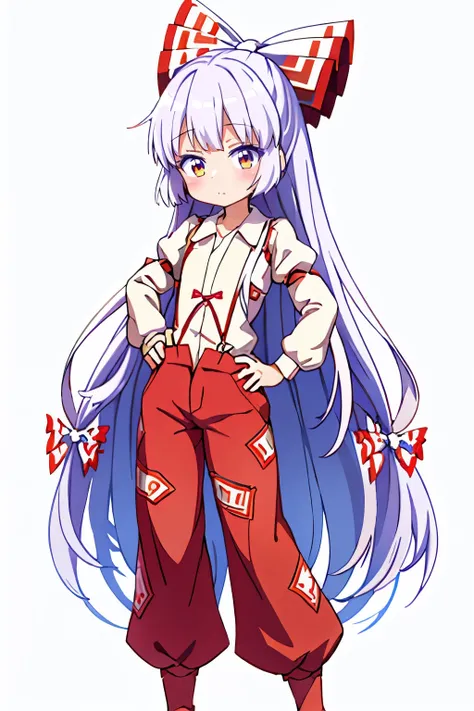 High Quality、fujiwara no mokou、alone、white Hair、Long Hair、Red Eye、Embarrassing、blush、hand on own hip、（Pure white background）、
