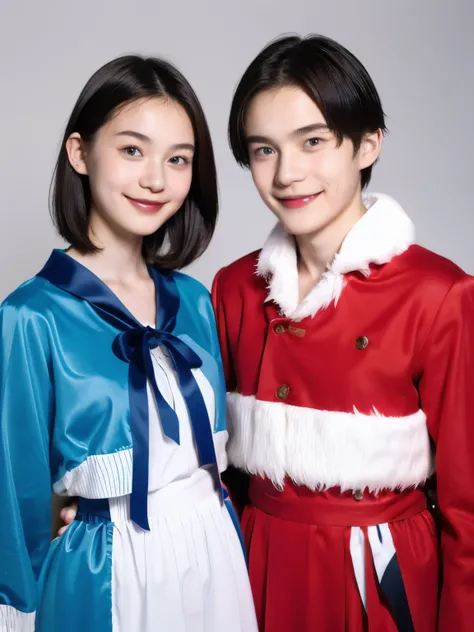 248 (An 18-year-old female and an 18-year-old male), (short hair),kind, lipstick, Finnish national costume, smile