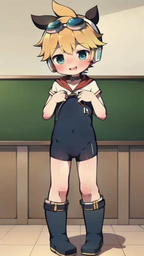 2D Boy Shota，one-piece swimsuit，Slim, healthy body，Put the headphones on your head，stand up，goggles，Rabbit ears，happy，Sailor collar，tie，Zipper pulled down，boots，hood，shy，blush，classroom