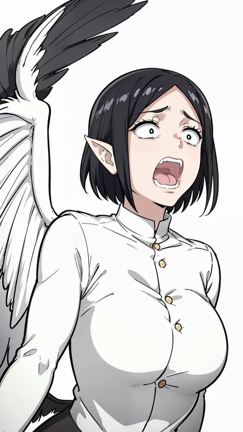 1woman,30s,mature female,milf,screaming,wild,short hair,black hair,pointy ears,harpy,wings,no arms,(white background,line drawing),upper body,scared expression,open mouth,clenched teeth