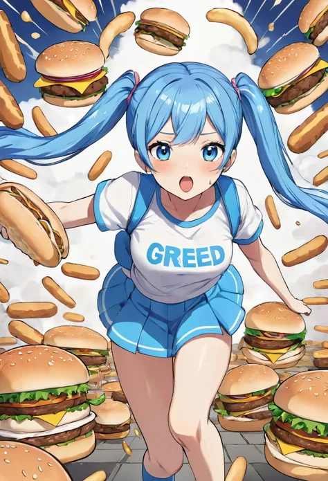 Light blue long hair、Beautiful girl with twin tails、Dream of being chased by bread、Hamburgers galore、A lot of hamburgers are chasing me、The girl is running desperately、Hamburger splash art