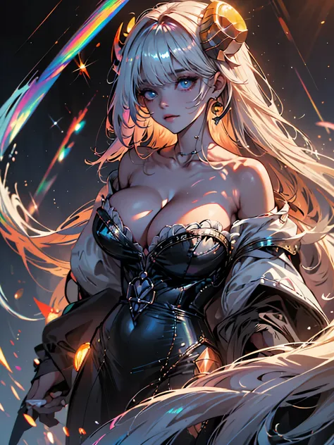 demon girl, real eyes, eyes bleed, white hair, long hair, (((cleavage and bare shoulders, with Aries chivres))), full body, ubiquity, superb, thick fit body big ass, {unity wallpaper Extremely detailed 16k CG}, expansive landscape photography, (a low view ...