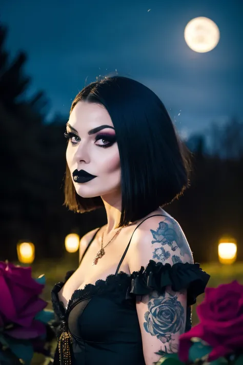 Generate a hyper-realistic image that employs the shallow depth of field technique, Head and sholders portrait to highlight a pretty goth girl wearing a gothic dress, ((cut hair with fringe)), tattooed, heavy makeup, at ((night in a creepy cemitery)) setti...