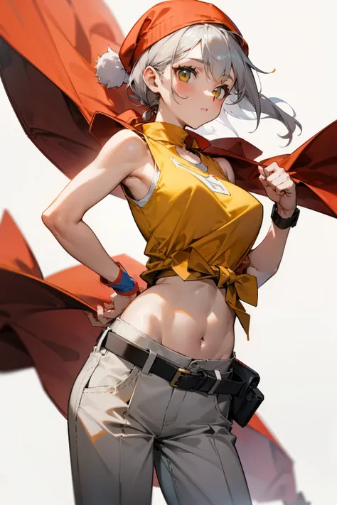 “A girl wearing a grey hat, a yellow sleeveless t-shirt, a red cloth tied under the chest, white trousers, and a grey belt.”