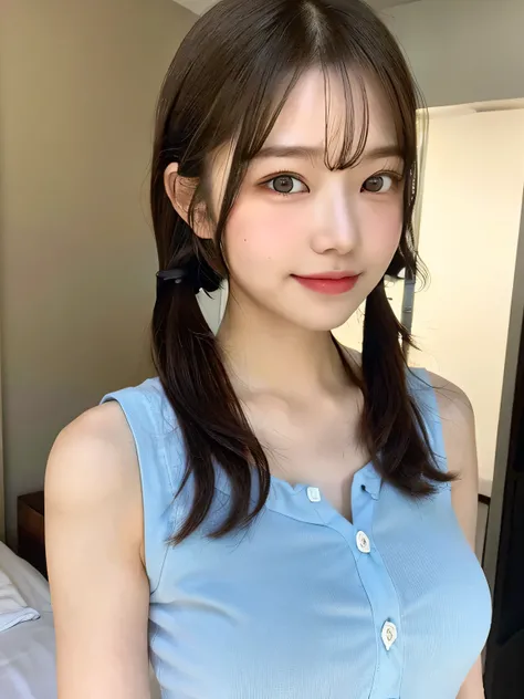 One person、14 years old、Full body photo、Twin tails、slender、woman、White drool coming out of the mouth、smile、Very short hairstyle、 Fair skin, messy hair, super cute、Soft and Face、8K resolution、Surreal、Ultra high definition、 A-cup small breasts（（Highest resol...