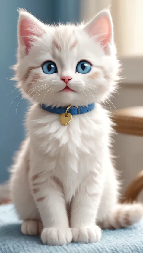 an adorable cartoon-style kitten sitting in a cute pose. The kitten has a fluffy blue and white fur pattern with large, expressive blue eyes and a happy, open-mouthed smile. The kittens ears are pointed and slightly pink on the inside. It wears an red coll...