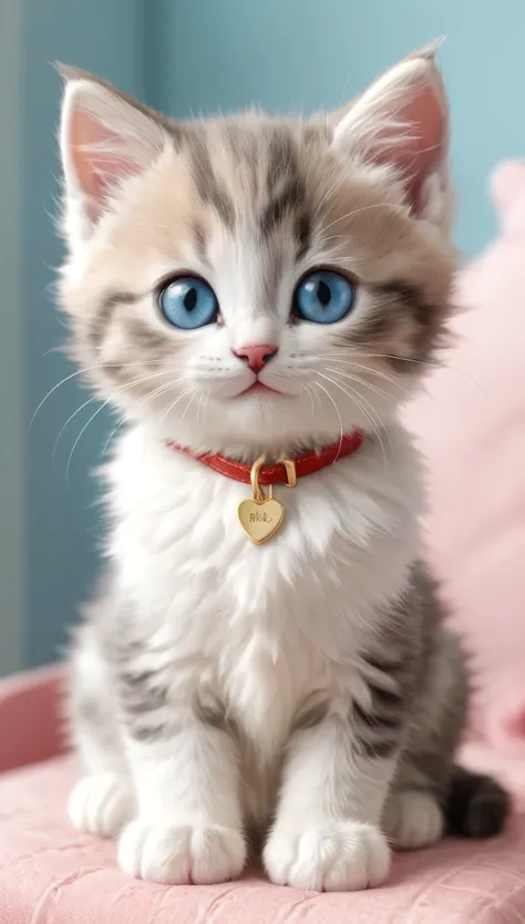 an adorable cartoon-style kitten sitting in a cute pose. The kitten has a fluffy blue and white fur pattern with large, expressive blue eyes and a happy, open-mouthed smile. The kittens ears are pointed and slightly pink on the inside. It wears an red coll...