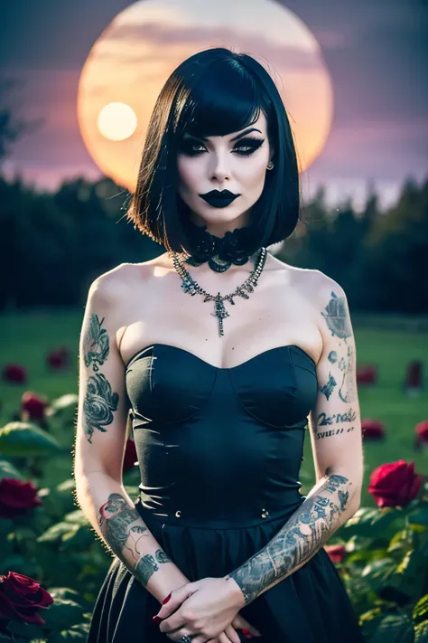 Generate a hyper-realistic image that employs the shallow depth of field technique, Head and sholders portrait to highlight a pretty goth girl wearing a gothic dress, ((cut hair with fringe)), tattooed, ((heavy makeup)) , at ((night in a creepy cemitery)) ...