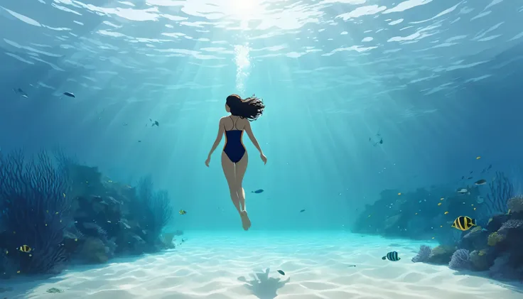 Minimalist Journey, diving, Solitary, 1 girl swimming gracefully with beautiful curves, Minimalism, Under the Sea, illustration.