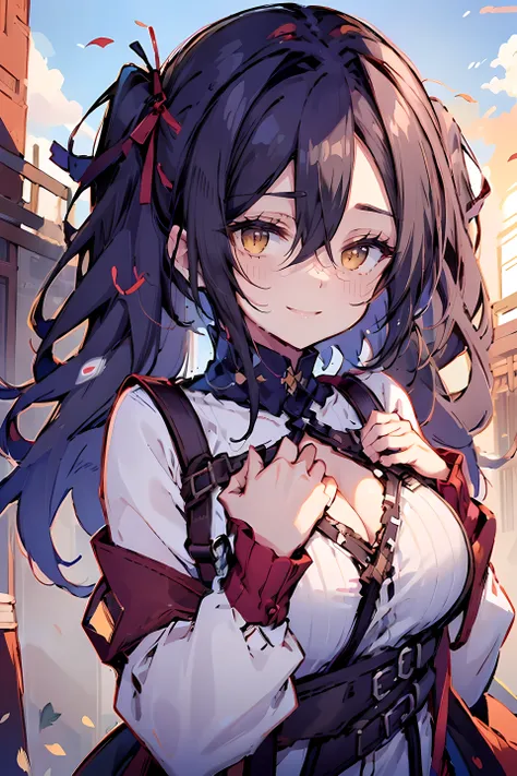 (masterpiece:1.2), (high quality:1.2), (Huichai:0.75), Rekkyo Sensen, Rekkyou Sensen, girl((Black Hair, (Cleavage:1.15), (wave hands:1.2), (Chest close-up:1.15), (suspenders:1.2), (dress:0.65), (Blue clothes:1.05), (belt:0.7), (Frilled shirt:1.2), (White k...