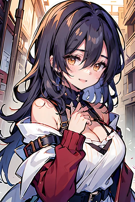 Huichai, Rekkyo Sensen, Rekkyou Sensen, 1 girl, Black Hair, Cleavage, wave hands, Chest close-up, suspenders, dress,One girl, Bare shoulders, belt, Frilled shirt, White knit sweater, Exposed breasts, strap, Upper Body, hoodie, Fur clothing, Long Hair, Nuns...