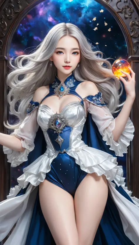 8K resolution, masterpiece, Highest quality, Award-winning works, unrealistic, From above, sole sexy lady, healthy shaped body, 22 years old, black mage, 165cm tall, huge firm bouncing busts,, white silver long wavy hair, Detailed facial depictions, Break,...