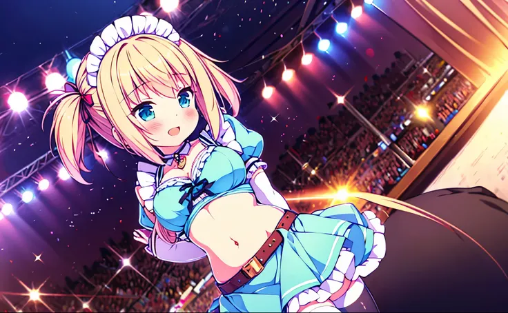 MLTD bg style, (best quality, 8K, masterpiece, HDR, ultra detailed:1.2), cinematic angle, (light particles, sparkle), lens flare, depth of field, bokeh, 
1girl, white gloves, open mouth, microphone, short puffy sleeves, glowstick, smile, petals, maid headd...