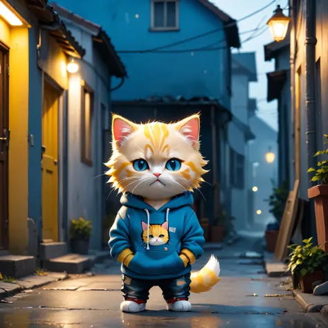 Best Quality, detailed, hyper detailed, beautiful, 8k, absurdities, on the street, a poor kitten, sad, standing, mirando On the right, yellow hair blue eyes, Chibi, chubby, torn sweatshirt, Ripped jeans, 5 years old, in an ugly and poor house, Fancy, photo...