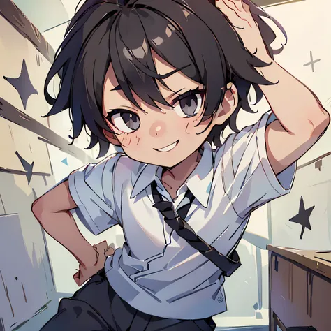 high resolution、chuunibyou((juvenile))、boy、striking a pose、a black eyepatch with a hexagram design、white shirt uniform、anime sty...