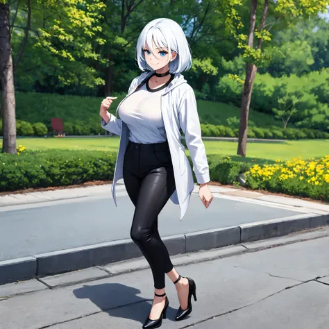 A woman wearing long open white jacket, black shirt, tight black pants, black womens heels, short white hair, ice blue eyes, smiling, sunglasses over her hair, big breasts, walking on a concrete sidewalk, in a park with few trees in the place, wide view of...