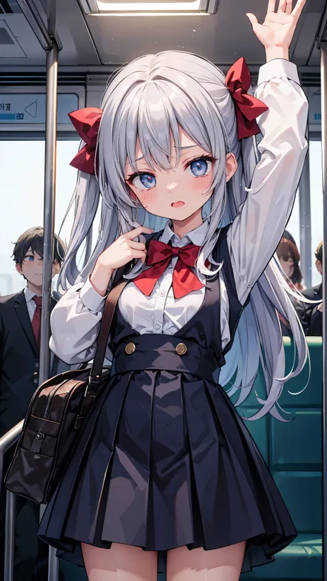 Crowded train、One pretty woman、Many passengers、Best image quality、High resolution、masterpiece、super high quality、Lori、Girl ,Silver Hair, Bright Blue Eyes, Mid-chest,Red bow tie, Dark blue pleated skirt, Long sleeve shirt, Dark Blue Vest、Blushing、4K quality...