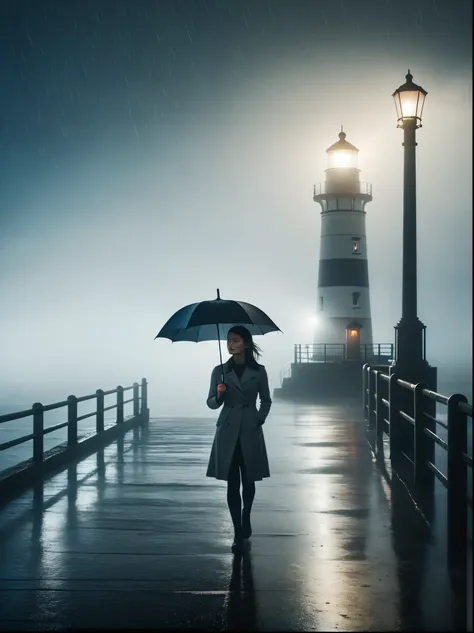 1girl, 独奏, rain, fog, cold, dull, , pier, bay, lighthouse, seaside, the dim light shines in the fog,and the figure stands in the...