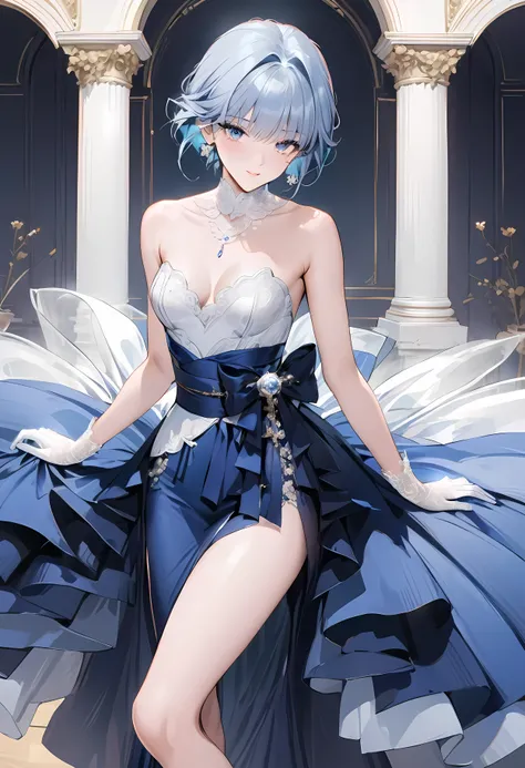 ((Top quality, masterpiece, freak, super resolution)), 1 girl, Japanese model,16 years old,Short bomb hair,(Long transparent lace gloves:1.2),An elegant high-low wedding gown with a strapless sweetheart neckline, featuring a fitted bodice embellished with ...