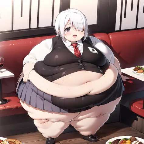 (((baby))), (((little cutie))), (((short stature))), (((White shirt, vest, vest negro, tie, ((Short skirt)), Masterpiece, 4k ))), ((white hair with fringe covering one eye)), ((chubby)), (((Obese))), ((Fat face)), (((big belly))), (((Open mouth))), fat and...