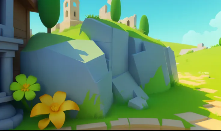 ruins，Grass，flower，European and American cartoon style，3d