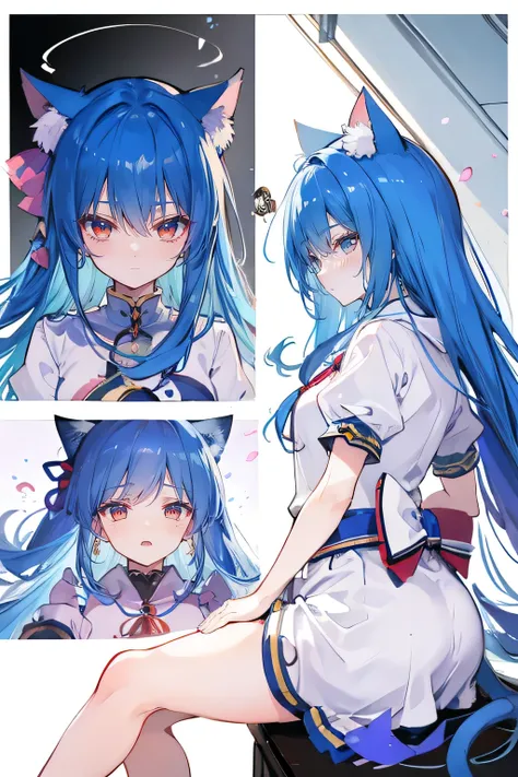 （masterpiece：1.2），Super detailed，lifelike，Expressive eyes，fair skin，perfect face shape，1 girl，
Japanese comics,Gorgeous blue hair,flowing blue hair,flowing clothes,Cat ears,Petals fall,beautiful lola,Baby Angel,
Cross your legs，Gentle and peaceful backgrou...