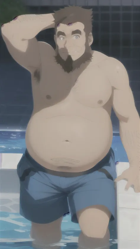 umiyan, guden gousuke, old man, smile, jolly, sitting in the pool, summer, bare stomach, wet body, sweaty, blue shorts, portrait, parted lips, best quality, brown hair, fat man, masterpiece, extremely detailed, sideburns, green eyes, facial hair, body hair...