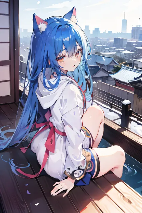 （masterpiece：1.2），Super detailed，lifelike，Expressive eyes，fair skin，perfect face shape，1 girl，
Japanese comics,Gorgeous blue hair,flowing blue hair,flowing clothes,Cat ears,Petals fall,beautiful lola,Baby Angel,
Cross your legs，Gentle and peaceful backgrou...