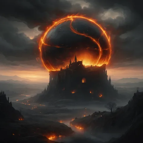 A dark, atmospheric depiction of the fiery sphere and landscape, with intricate, medieval-inspired details and a somber, eerie mood.