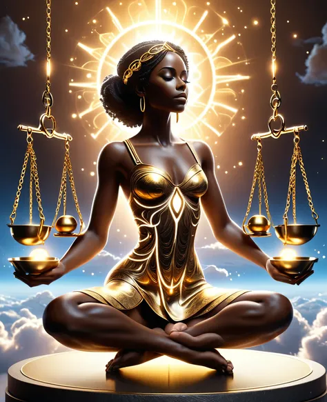 A glowing golden libra scale suspended in the sky among the clouds, with a black woman sitting in a meditation pose on the left scale of the libra scale and a mechanical heart sitting on the right scale of the libra scale, the weights imbalanced, a beautif...