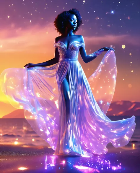 A luminous black woman formed entirely of radiant, twinkling stars, suspended in the celestial expanse, draped in a flowing, ethereal gown that undulates with a life of its own. Her transparent, starry body glimmers with an otherworldly light, as if she is...