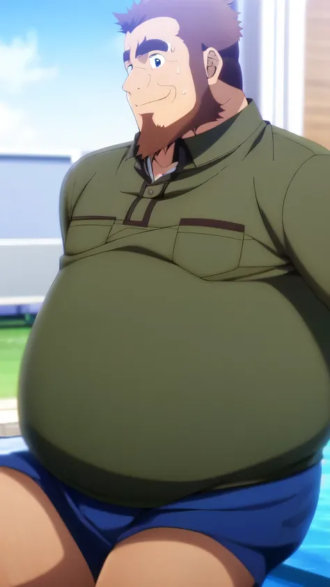 umiyan, guden gousuke, old man, smile, jolly, sitting in the pool, summer, bare stomach, wet body, sweaty, blue shorts, portrait, parted lips, best quality, brown hair, fat man, masterpiece, extremely detailed, sideburns, green eyes, facial hair, body hair...