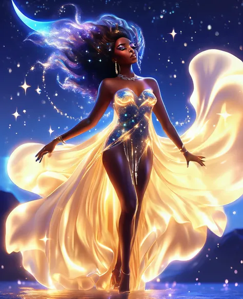 a luminous black woman formed entirely of radiant, twinkling stars, suspended in the celestial expanse, draped in a flowing, eth...